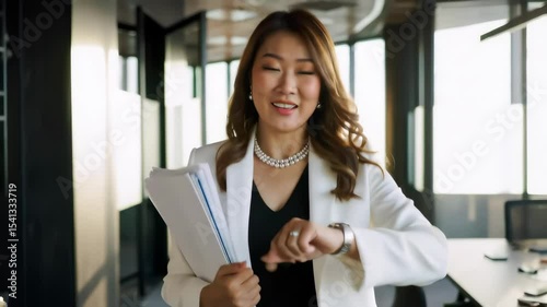 A confident Asian businesswoman in formal attire checks her watch while smiling, walking purposefully through a modern office hallway.