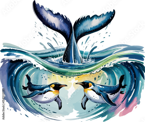 A majestic whale tail splashes above two penguins in the ocean, creating a dynamic and lively scene.