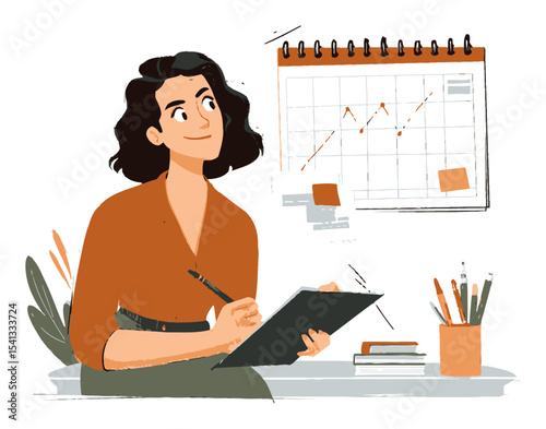 Thoughtful Young Woman Planning Her Schedule with a Calendar and Notebook