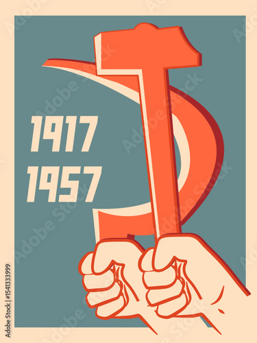 A Constructivist-style book featuring bold, geometric hands gripping the hammer and sickle,symbolizing Soviet industrial and agricultural unity through revolutionary desig