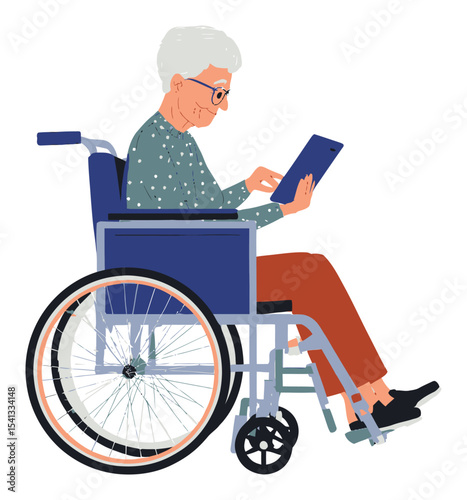 Senior Person Using Tablet in Wheelchair Vector Cartoon Illustration