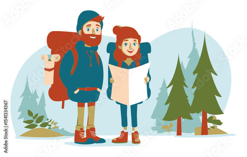 Cartoon Characters Hiking in Nature with Map and Backpack in Vector Style