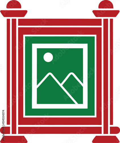 Abstract red and green vector design featuring landscape inside of frame transparency