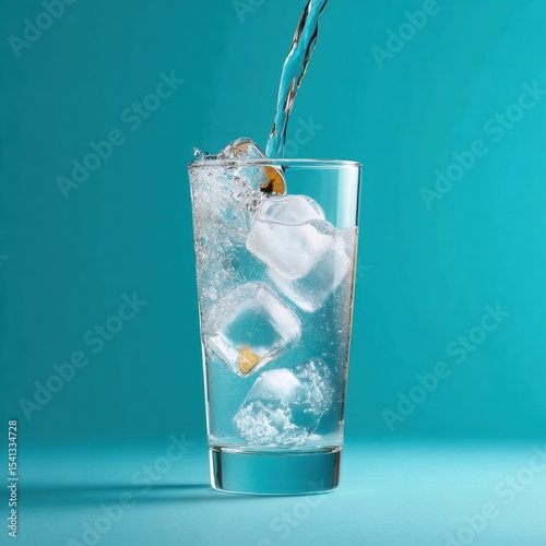 Water is poured into a glass with ice cubes on a blue background creating splashes and bubbles in the transparent liquid