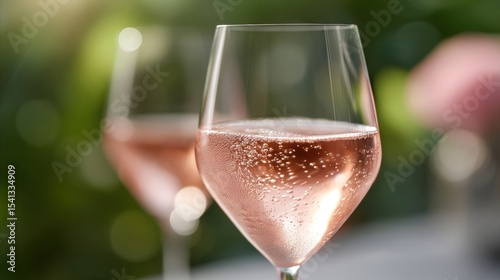 Two glasses filled with sparkling ros wine are featured with bubbles visible against a blurred natural green background