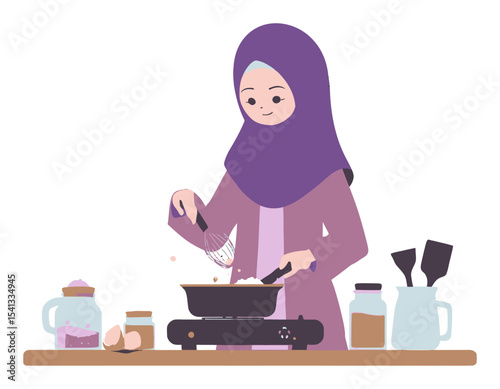 Colorful Vector Illustration of Woman Cooking in Kitchen with Utensils