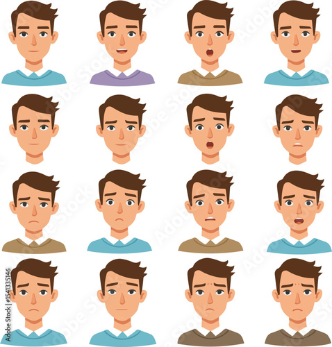 Create a kinds of deferent face, people, avatar, icon, vector, cartoon, set, hair, head, boy, woman, character, vector art with white background