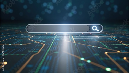 A digital search bar illuminated on a circuit-like background, symbolizing technology and online exploration.