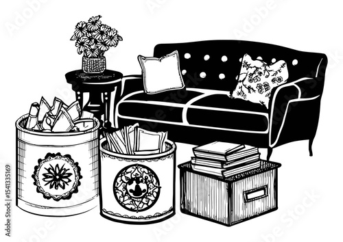 Cozy Living Room Illustration with Drawn Couch, Plants, and Storage Bins