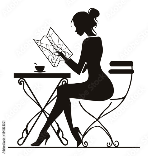 Elegant Woman Reading Map at Table in Cafe, Abstract Hand Drawn Design