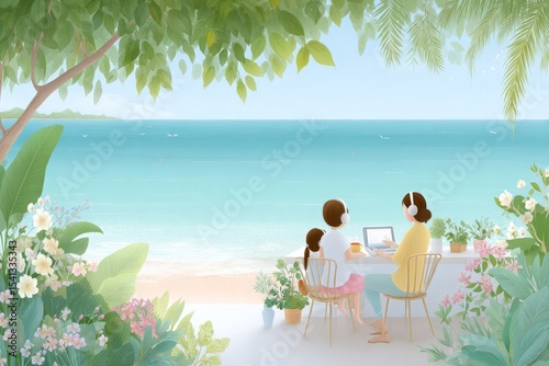 Family enjoying beachfront view with laptop and headphones