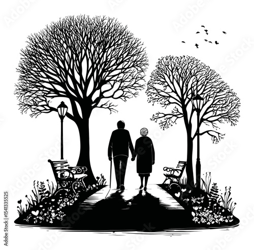 Abstract Illustration of a Hand-drawn Couple Walking in Nature