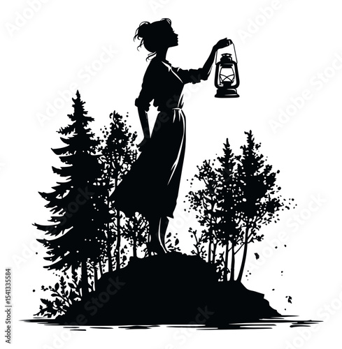 Elegant silhouette of a woman holding a lantern amidst abstract trees