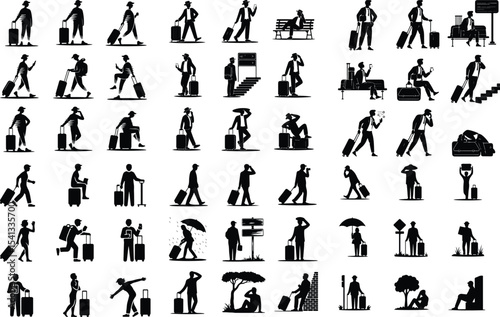 Traveler with Suitcase Icon Silhouette Set – Vacation Journey Pack Silhouette Set of Tourist Carrying Luggage – Travel & Holiday Icons