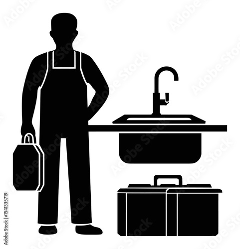Black Silhouette of Plumber with Toolbox and Faucet in Abstract Design