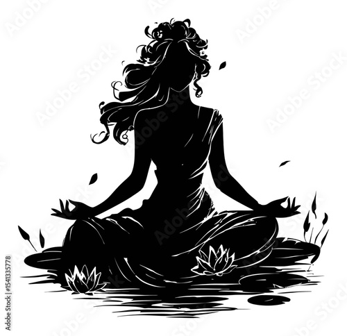 Serene Silhouette of a Meditative Woman Surrounded by Nature Elements