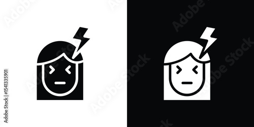 Headache icon in flat black solid vector set