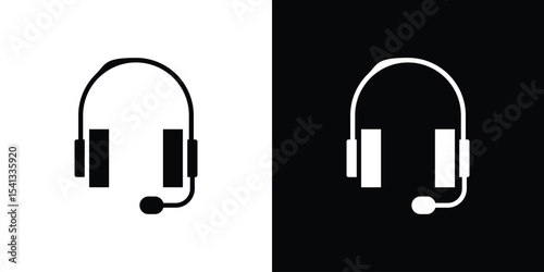 Headset icon in flat black solid vector set