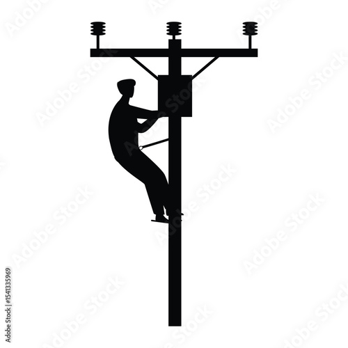 Electrical lineman, Lineman climbing black icon, flat style isolated icon silhouette vector art illustration on white background