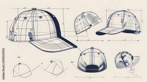 Technical drawing of a baseball cap with measurements.
