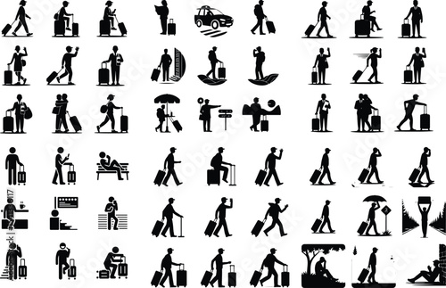 Traveler with Suitcase Icon Silhouette Set – Vacation Journey Pack Silhouette Set of Tourist Carrying Luggage – Travel & Holiday Icons