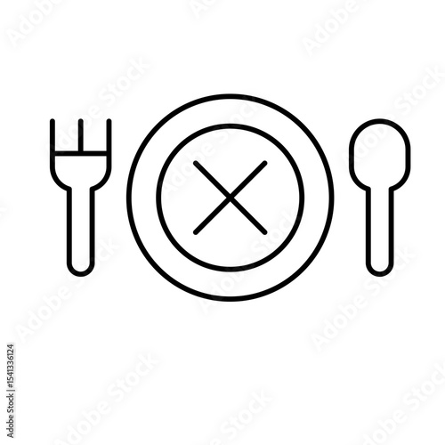 No appetite icon outline style. A crossed dish with fork and spoon depicting eating disorder, sickness, or loss of hunger. Thin line symbol vector illustration.