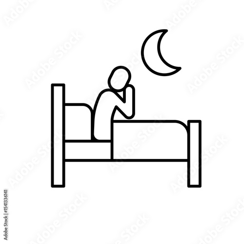 Insomnia icon outline style. A person sitting awake on bed at night under moon symbolizing sleep disorder or difficulty falling asleep. Thin line symbol vector illustration.