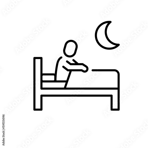 Sleep problem icon outline style. Figure sitting up in bed with moon in background showing insomnia or restless night. Thin line symbol vector illustration.