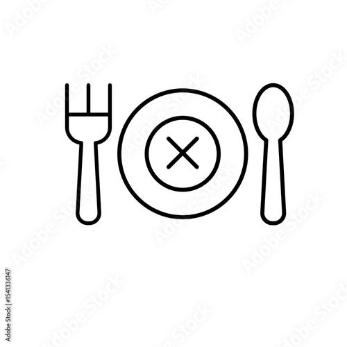 Appetite loss icon outline style. Crossed plate between fork and spoon representing food aversion, meal refusal, or digestive issue. Thin line symbol vector illustration.