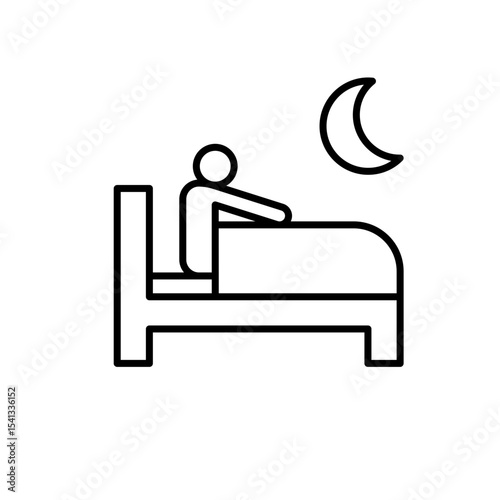 Awake at night icon outline style. A person in bed unable to sleep representing insomnia, anxiety, or night disturbance. Thin line symbol vector illustration.