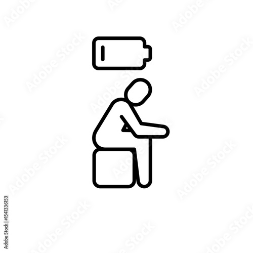 Low energy icon outline style. A person sitting with slumped posture under low battery symbol representing physical exhaustion, burnout, or fatigue. Thin line symbol vector.