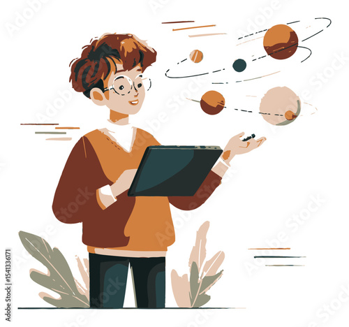 Young Scientist Illustrates Solar System Planets with Tablet in Cartoon Style