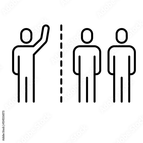 Social isolation icon outline style. A single person separated by dotted line from two others representing exclusion, distancing, or loneliness. Thin line symbol vector illustration.