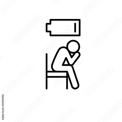 Burnout icon outline style. A person sitting with head down and low battery symbol above showing emotional exhaustion, depression, or fatigue. Thin line symbol vector illustration.