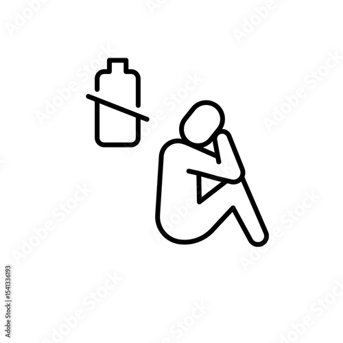 Tipped battery icon outline style. A person sitting with slouched posture and tilted battery symbol representing burnout, exhaustion, energy imbalance, or collapse. Thin line
