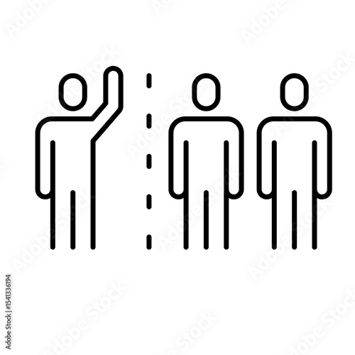 Group separation icon outline style. One person standing apart from group with divider line showing isolation, divide, or outsider status. Thin line symbol vector illustration.