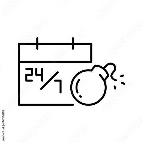 Continuous work pressure icon Outline symbol of burnout calendar and time bomb showing employee fatigue remote job overload editable line design