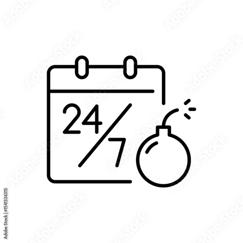 Burnout deadline calendar icon Editable outline clock and bomb symbol showing nonstop work fatigue stress thin line graphic for remote job pressure