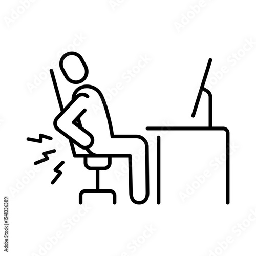 Backache desk work icon symbol depicting back strain during long computer usage in remote job settings