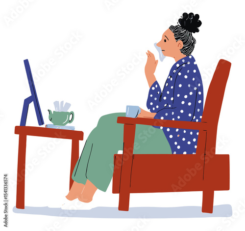 Woman in Polka Dot Robe Working from Home with Tea and Tissues
