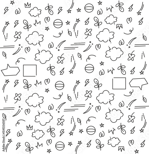 Sketch underline, emphasis, arrow shape set. Hand drawn brush stroke, highlight, speech bubble, underline, sparkle element. Vector illustration.