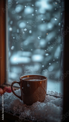 Steaming mug on snowy windowsill with a blurred winter scene in the background during snowfall