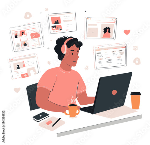 Young Person in Headphones Working on Laptop with Digital Devices Surrounding
