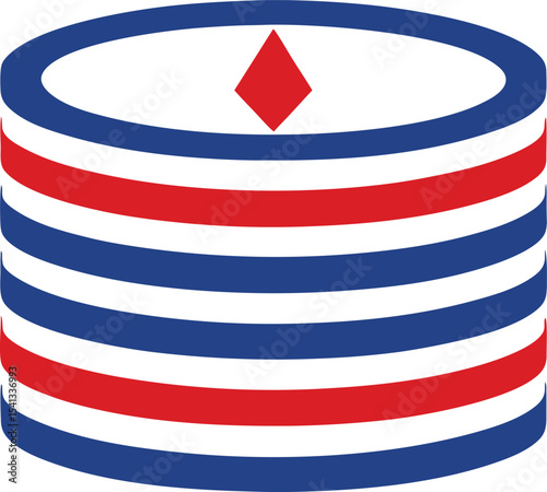 Abstract cylindrical design with red and blue stripes on a transparent background