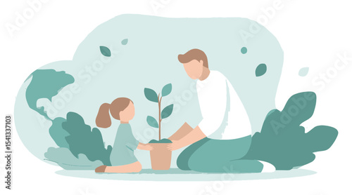 Caring for Nature: Father and Child Planting a Young Sapling Together