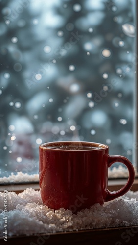 Red mug on snowy windowsill with blurred snowfall background in a cozy winter scene outside view