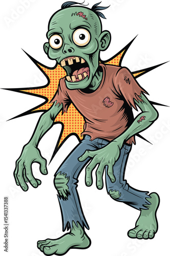 Cartoon scary green zombie with torn clothes, creepy undead character with bulging eyes, Halloween monster illustration, spooky horror comic zombie on white background