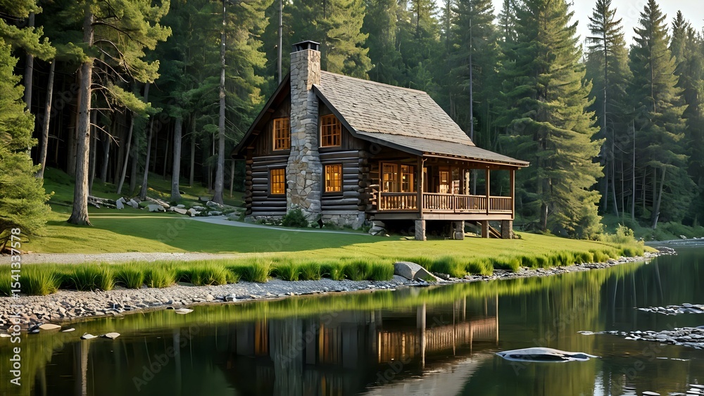 Fototapeta premium Secluded Log Cabin by the Lake Peaceful Lakeside Retreat
