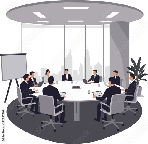 Create a kinds of deferent business, people, meeting, businessman, office, silhouette, sitting, conference, presentation, seminar, vector art with white background.