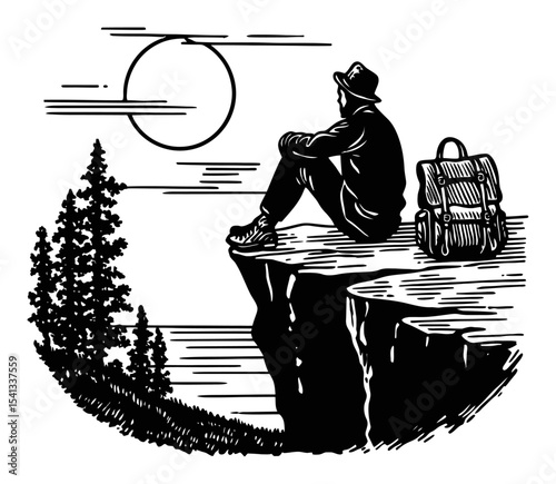 Contemplative Traveler Sitting on Cliff Facing Sun and Nature's Beauty